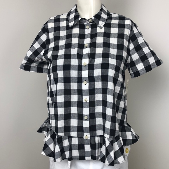 Madewell Black/White Gingham Peplum Short Sleeve Button Down Shirt Size S - Picture 4 of 13